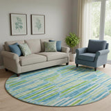 8' Aqua Green And Ivory Abstract Washable Round Rug With UV Protection