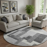 8' Gray Silver And Ivory Abstract Geometric Washable Round Rug With UV Protection