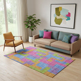 5' X 8' Purple Pink And Green Abstract Geometric Washable Area Rug With UV Protection