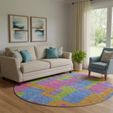 8' Purple Pink And Green Abstract Geometric Washable Round Rug With UV Protection
