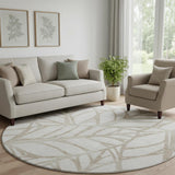 8' Beige And Brown Floral Washable Round Rug With UV Protection