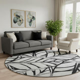 8' Black And Beige Floral Washable Round Rug With UV Protection