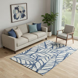 5' X 8' Navy Blue And Beige Floral Washable Area Rug With UV Protection