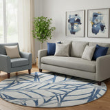 8' Navy Blue And Beige Floral Washable Round Rug With UV Protection