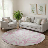 8' Pink And Beige Floral Washable Round Rug With UV Protection