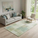 5' X 8' Artichoke Green Teal Blue And Beige Abstract Washable Area Rug With UV Protection