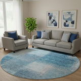 8' Denim Blue And Ivory Abstract Washable Round Rug With UV Protection