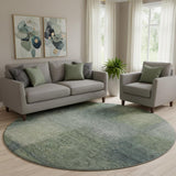 8' Olive Green Ivory And Gray Abstract Washable Round Rug With UV Protection