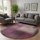 8' Plum And Beige Abstract Washable Round Rug With UV Protection