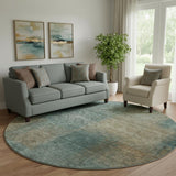 8' Teal And Brown Abstract Washable Round Rug With UV Protection