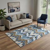 5' X 8' Blue Brown And Beige Ikat Washable Area Rug With UV Protection