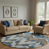 8' Blue Brown And Beige Ikat Washable Round Rug With UV Protection
