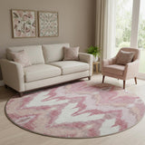 8' Blush Ivory And Pink Ikat Washable Round Rug With UV Protection