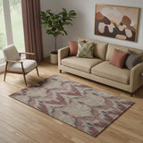 5' X 8' Burgundy Beige And Charcoal Ikat Washable Area Rug With UV Protection