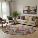 8' Burgundy Beige And Charcoal Ikat Washable Round Rug With UV Protection