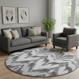 8' Gray And Silver Ikat Washable Round Rug With UV Protection