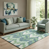 5' X 8' Green And Ivory Ikat Washable Area Rug With UV Protection