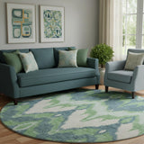 8' Green And Ivory Ikat Washable Round Rug With UV Protection