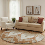 8' Rust And Beige Ikat Washable Round Rug With UV Protection