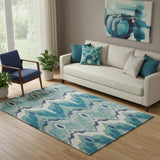 5' X 8' Teal And Ivory Ikat Washable Area Rug With UV Protection