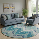 8' Teal And Ivory Ikat Washable Round Rug With UV Protection