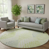 8' Artichoke Green Ivory And Beige Floral Washable Round Rug With UV Protection