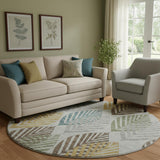 8' Gray Teal And Gold Floral Washable Round Rug With UV Protection