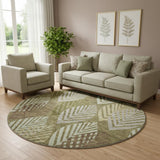 8' Olive Green Gray And Gold Floral Washable Round Rug With UV Protection