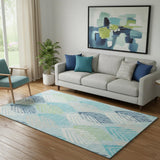 5' X 8' Teal Ivory And Green Floral Washable Area Rug With UV Protection