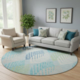 8' Teal Ivory And Green Floral Washable Round Rug With UV Protection