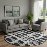 8' Black And Silver Striped Washable Round Rug With UV Protection