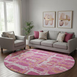 8' Blush Ivory And Orange Striped Washable Round Rug With UV Protection