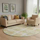 8' Gold Ivory And Gray Striped Washable Round Rug With UV Protection