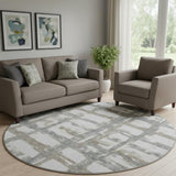 8' Silver Ivory And Gray Striped Washable Round Rug With UV Protection