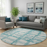 8' Teal And Ivory Striped Washable Round Rug With UV Protection