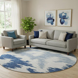 8' Navy Blue And Ivory Abstract Washable Round Rug With UV Protection