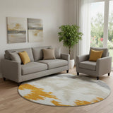 8' Orange Ivory And Gray Abstract Washable Round Rug With UV Protection