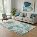 5' X 8' Teal And Ivory Abstract Washable Area Rug With UV Protection