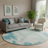 8' Teal And Ivory Abstract Washable Round Rug With UV Protection