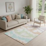 5' X 8' White Sky Blue And Peach Abstract Washable Area Rug With UV Protection