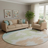 8' White Sky Blue And Peach Abstract Washable Round Rug With UV Protection