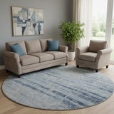8' Sky Blue And Gray Abstract Washable Round Rug With UV Protection