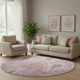 8' Blush And Ivory Ikat Washable Round Rug With UV Protection