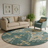 8' Emerald Gold And Gray Ikat Washable Round Rug With UV Protection
