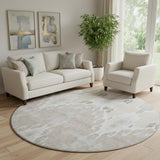 8' Ivory Beige And Gray Ikat Washable Round Rug With UV Protection