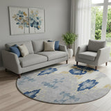 8' Navy Blue Gold And Ivory Ikat Washable Round Rug With UV Protection