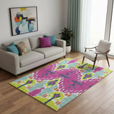 5' X 8' Pink Green And Teal Ikat Washable Area Rug With UV Protection