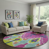 8' Pink Green And Teal Ikat Washable Round Rug With UV Protection