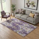 5' X 8' Purple Gold And Ivory Ikat Washable Area Rug With UV Protection