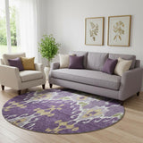 8' Purple Gold And Ivory Ikat Washable Round Rug With UV Protection